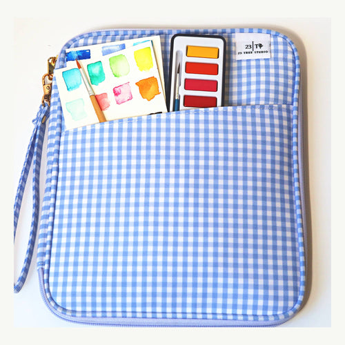 Juliette watercolor clutch in blue gingham