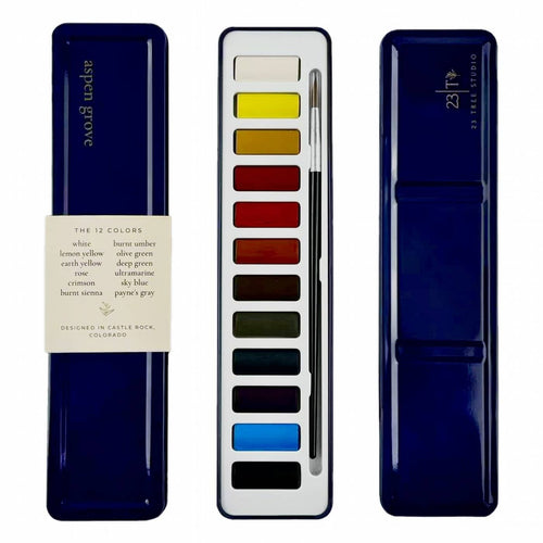 Aspen Grove watercolor set — open tin with mixing palette
