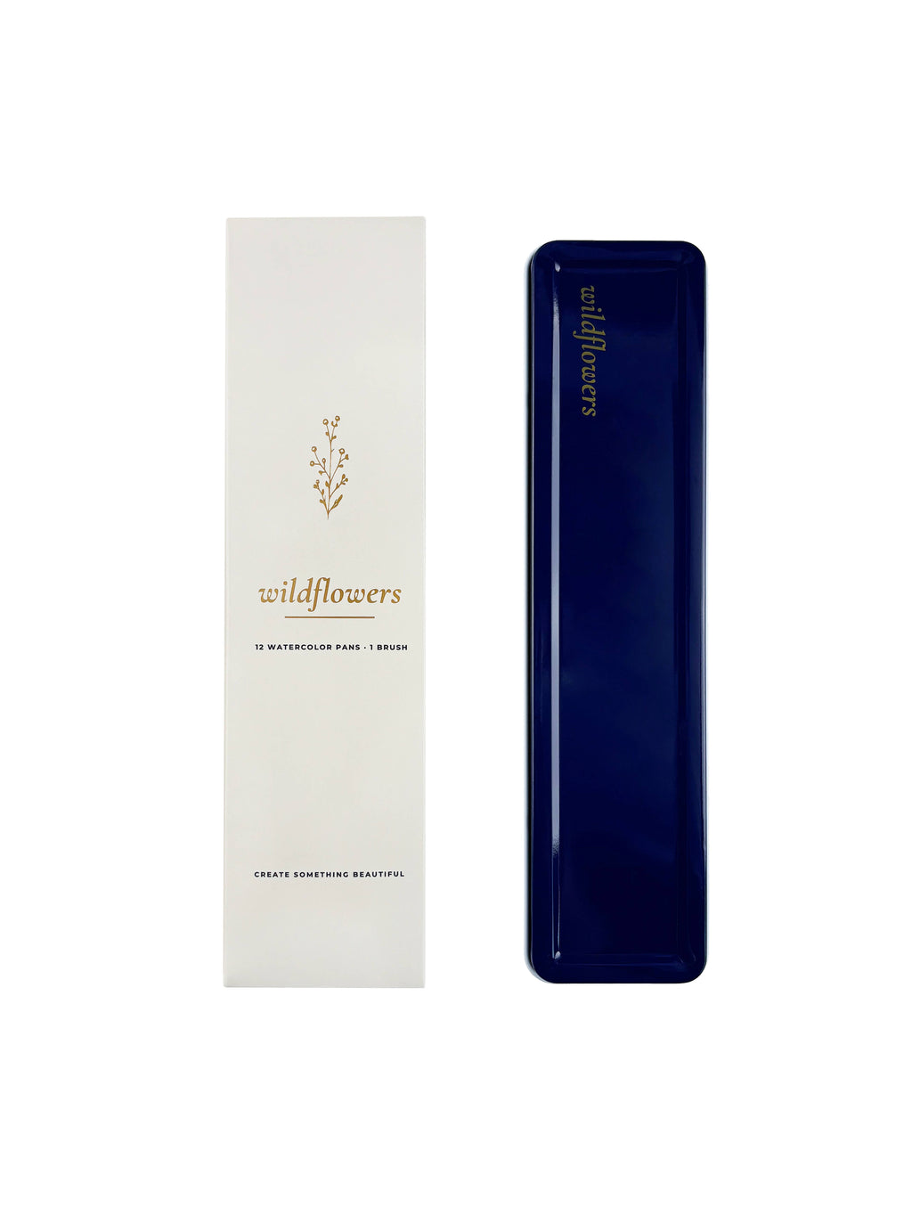 The slim navy Wildflowers tin standing upright